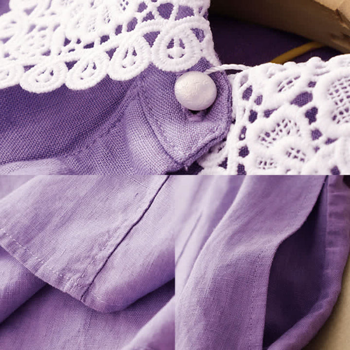 Buddha Stones Vestido midi de algodón sin mangas con solapa, diseño de encaje calado de verano y bolsillos - image 11