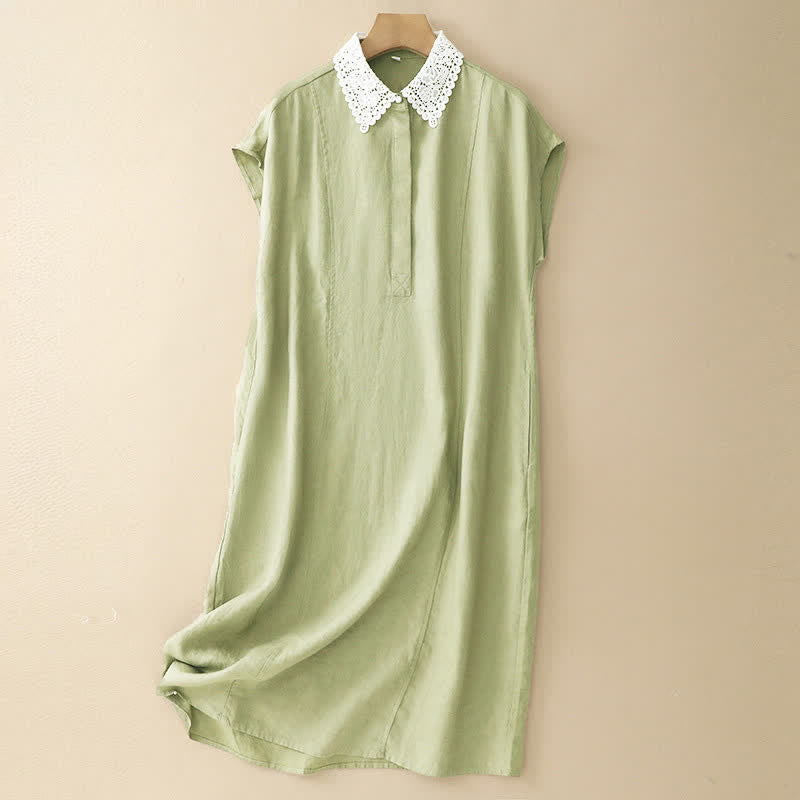 Buddha Stones Vestido midi de algodón sin mangas con solapa, diseño de encaje calado de verano y bolsillos - Verde amarillento - US14，UK/AU18，EU46 (2XL) - image 18