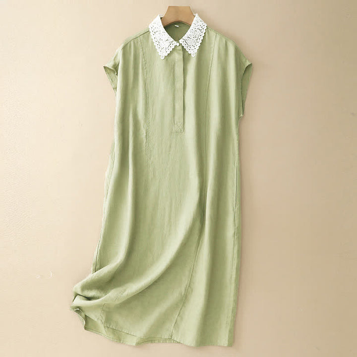 Buddha Stones Vestido midi de algodón sin mangas con solapa, diseño de encaje calado de verano y bolsillos - Verde amarillento - US14，UK/AU18，EU46 (2XL) - image 18