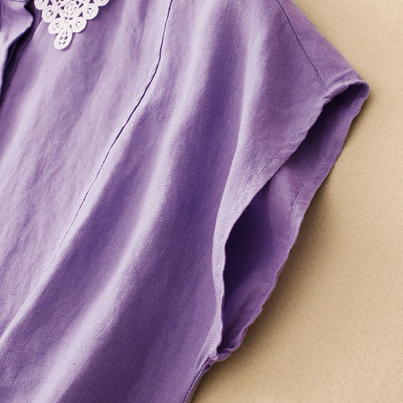 Buddha Stones Vestido midi de algodón sin mangas con solapa, diseño de encaje calado de verano y bolsillos - image 7