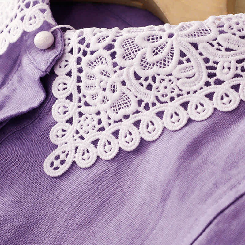 Buddha Stones Vestido midi de algodón sin mangas con solapa, diseño de encaje calado de verano y bolsillos - image 6