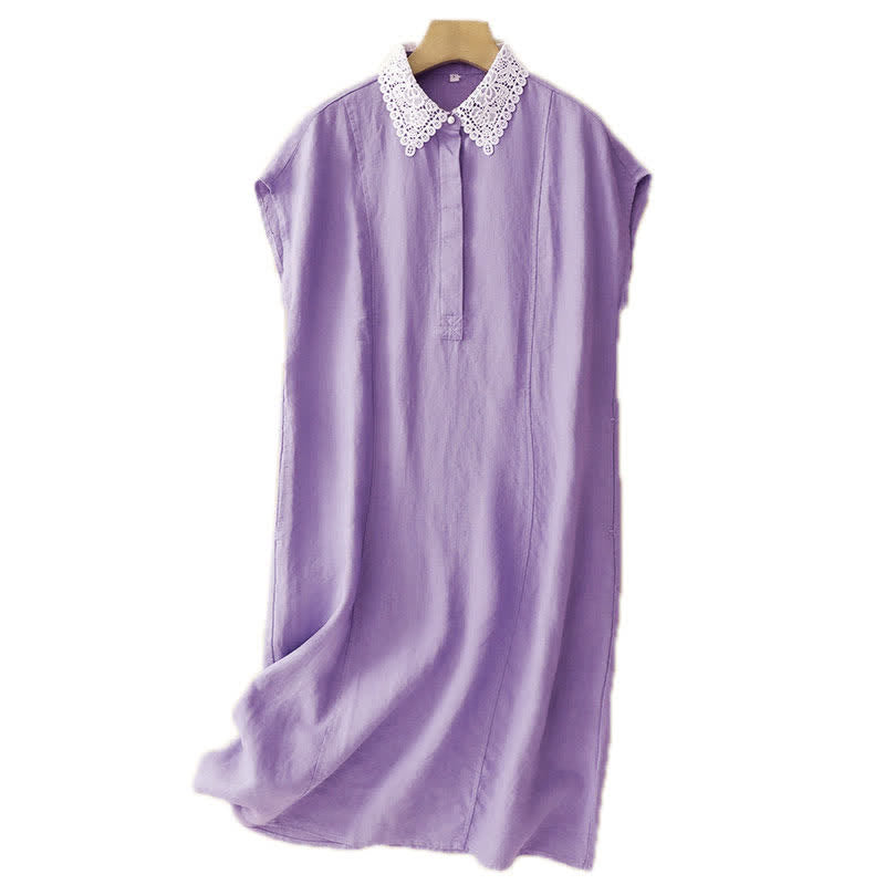 Buddha Stones Vestido midi de algodón sin mangas con solapa, diseño de encaje calado de verano y bolsillos - image 12