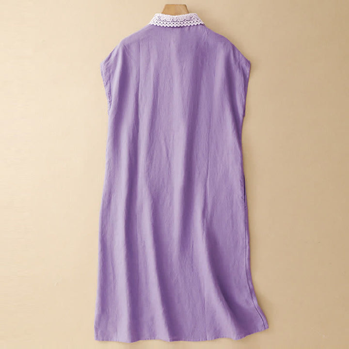 Buddha Stones Vestido midi de algodón sin mangas con solapa, diseño de encaje calado de verano y bolsillos - image 4