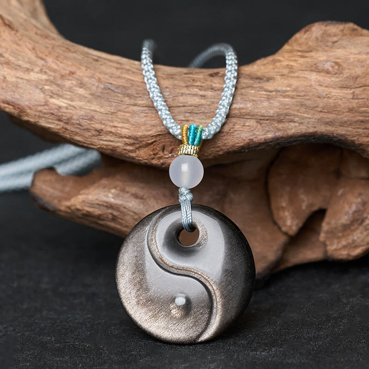 Buddha Stones Colgante de obsidiana plateada con símbolo Yin Yang y protección - Obsidiana con brillo plateado - image 0