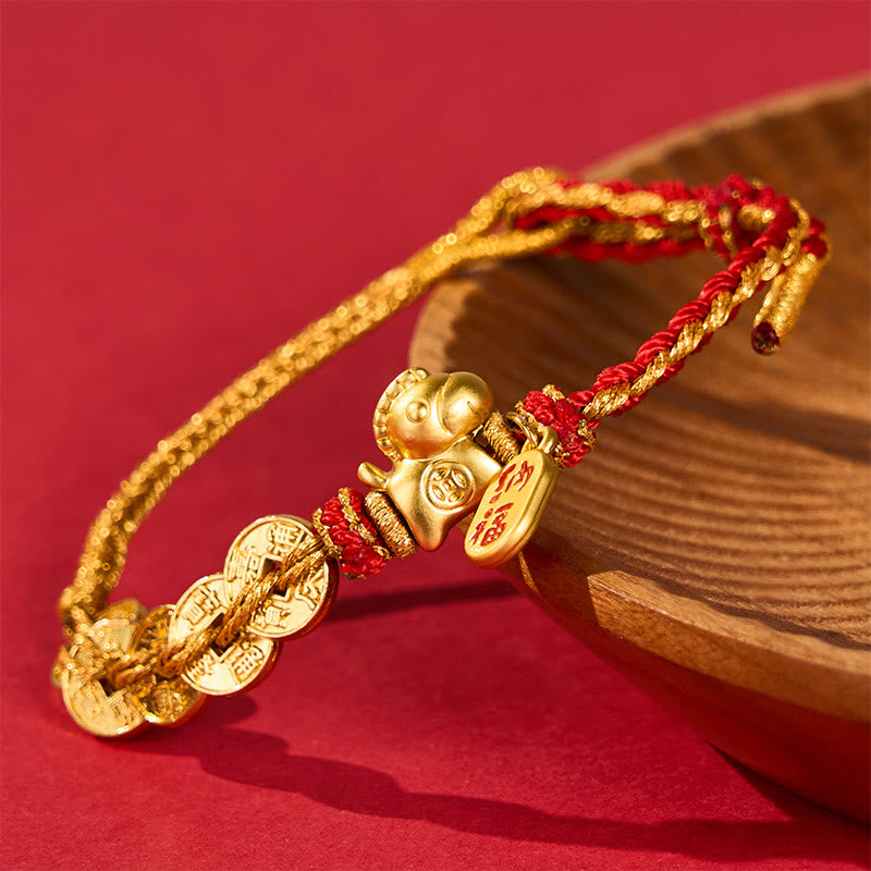 Buddha Stones Pulsera de la suerte con cinco monedas del emperador y hilo rojo del Año del Caballo - image 1