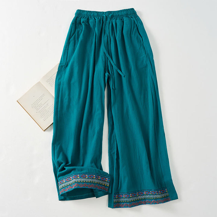 Pantalones anchos para mujer con bolsillos y diseño de rayas bohemias y Buddha Stones - cian oscuro - US8-10, UK/AU12-14, EU40-42 (XL) - image 0