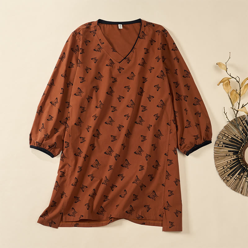 Buddha Stones Camisa de poliéster para mujer de manga larga con cuello en V y estampado de mariposas - Tierra de siena - US12, UK/AU16, EU44 (2XL) - image 0