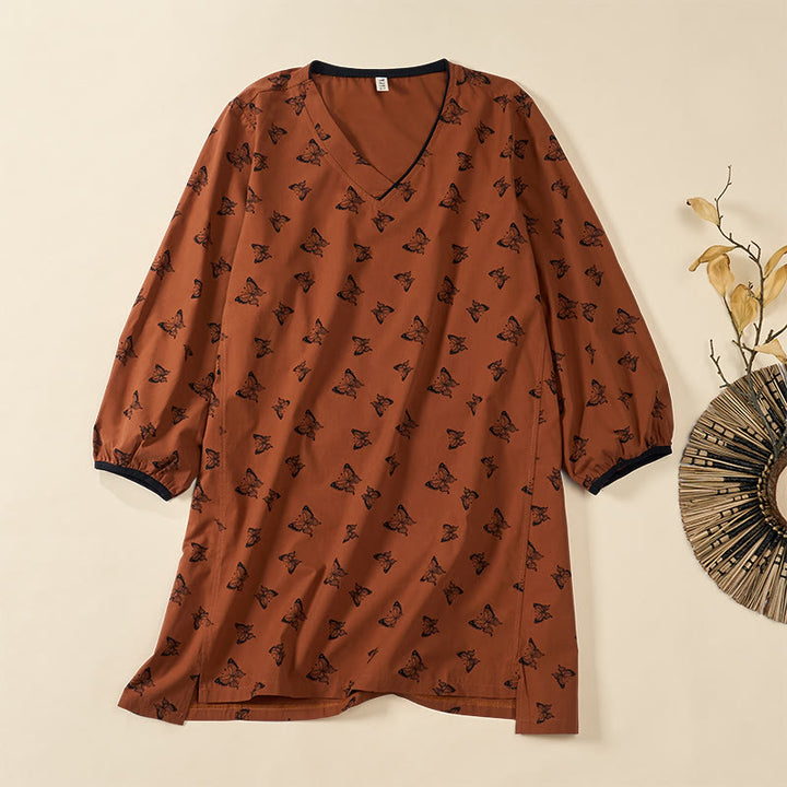 Buddha Stones Camisa de poliéster para mujer de manga larga con cuello en V y estampado de mariposas - Tierra de siena - US12, UK/AU16, EU44 (2XL) - image 0