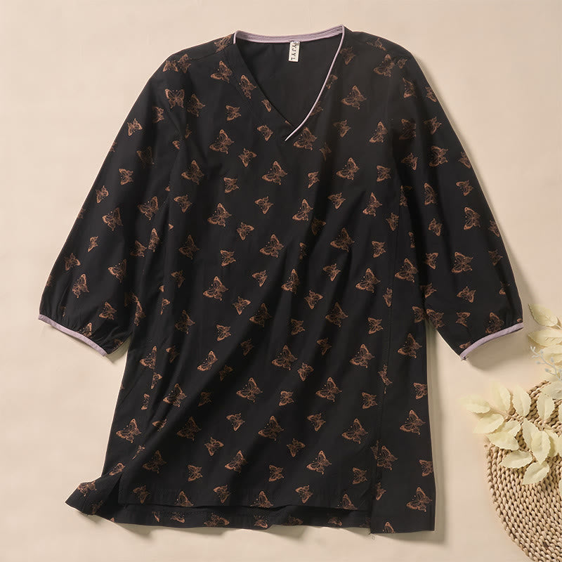 Buddha Stones Camisa de poliéster para mujer de manga larga con cuello en V y estampado de mariposas - Negro - US12, UK/AU16, EU44 (2XL) - image 6