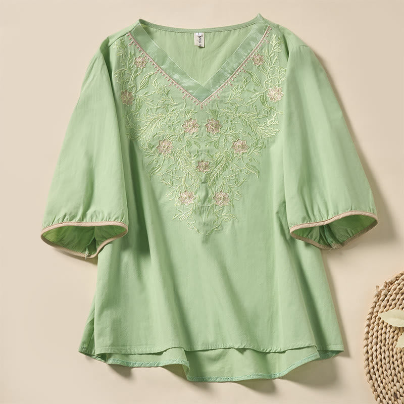 Buddha Stones Camiseta de manga corta de poliéster con cuello en V y estampado floral informal para mujer - Verde claro - US8-10，UK/AU12-14，EU40-42 (2XL) - image 0