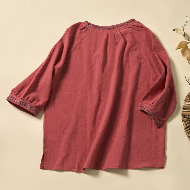 Buddha Stones Camisa de algodón con cuello en V y bordado de líneas, con cordones y media manga para mujer de verano - image 6