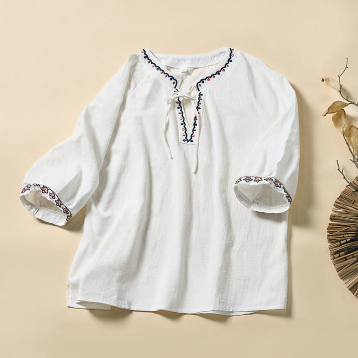 Buddha Stones Camisa de algodón con cuello en V y bordado de líneas, con cordones y media manga para mujer de verano - Blanco - US12, UK/AU16, EU44 (3XL) - image 7
