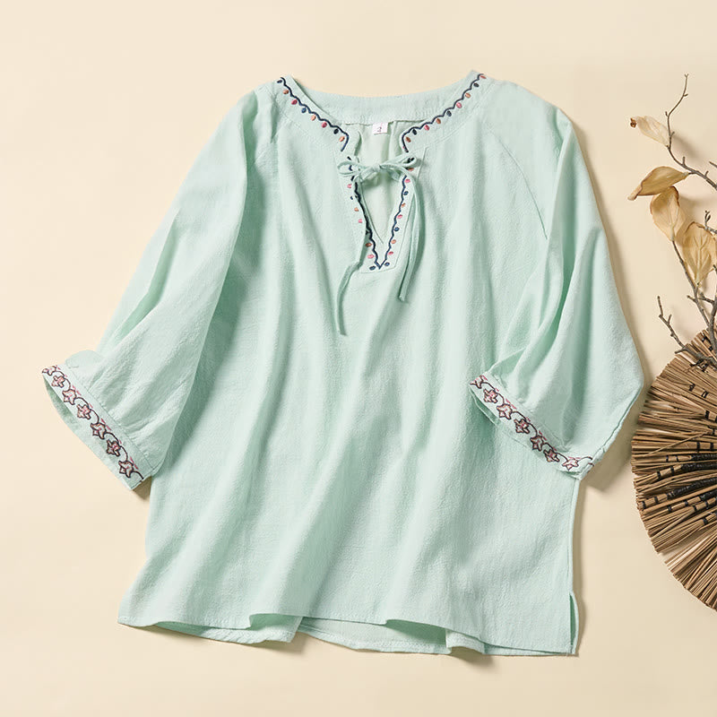 Buddha Stones Camisa de algodón con cuello en V y bordado de líneas, con cordones y media manga para mujer de verano - Crema de menta - US12, UK/AU16, EU44 (3XL) - image 0