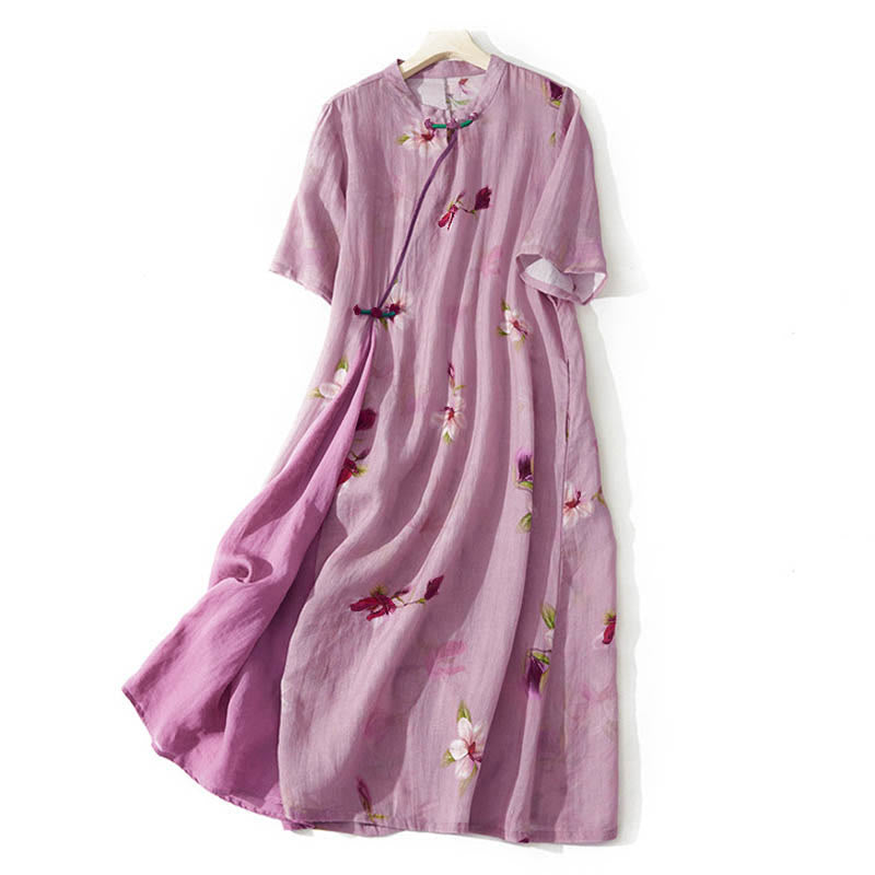 Buddha Stones Vestido midi de manga corta con cuello alto y diseño floral de orquídea de verano con bolsillos - Rojo violeta pálido - US12, UK/AU16, EU44 (3XL) - image 0