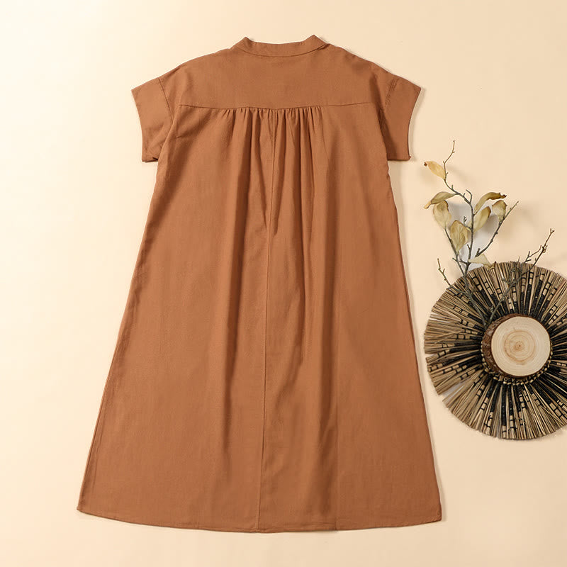 Buddha Stones Vestido midi de verano de color liso con cuello alto y diseño en forma de A y manga corta - image 1