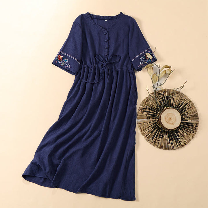 Buddha Stones Vestido midi de algodón de manga corta con cuello en V y diseño floral bordado con bolsillos para verano - Azul acero - US8-10，UK/AU12-14，EU40-42 (2XL) - image 7