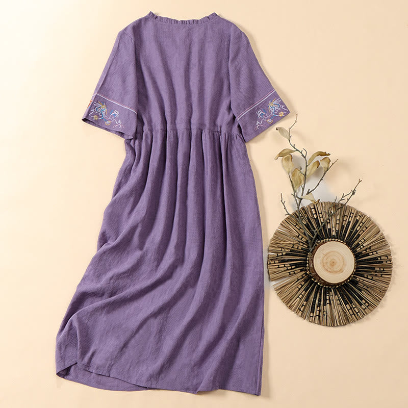 Buddha Stones Vestido midi de algodón de manga corta con cuello en V y diseño floral bordado con bolsillos para verano - image 12