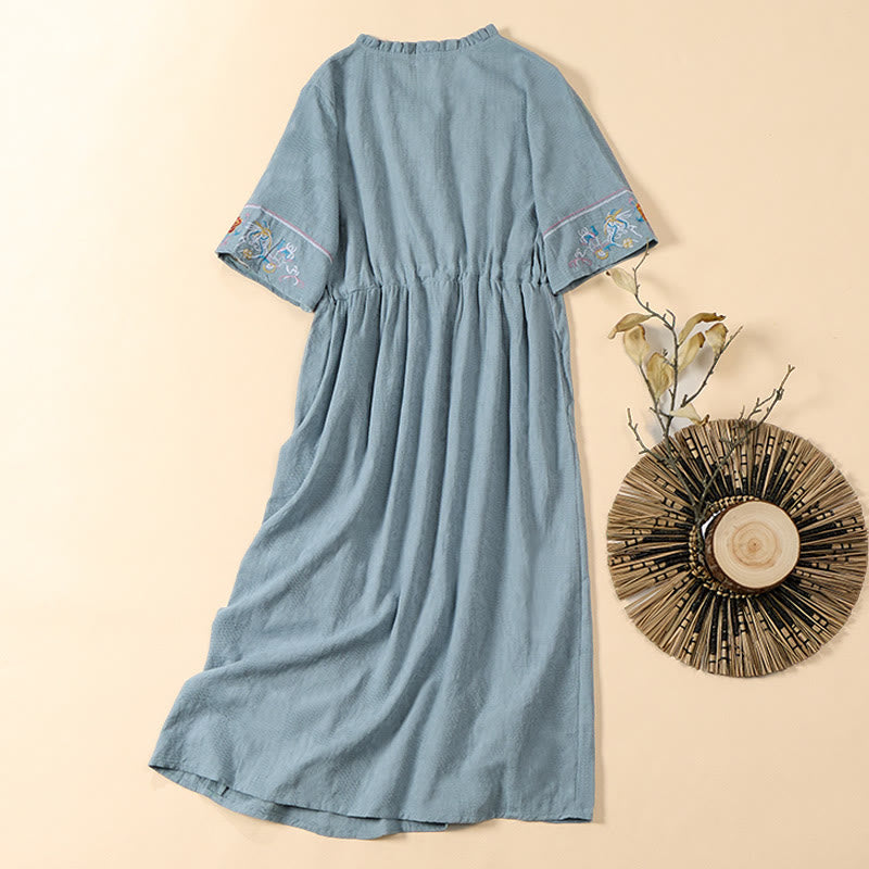 Buddha Stones Vestido midi de algodón de manga corta con cuello en V y diseño floral bordado con bolsillos para verano - image 10