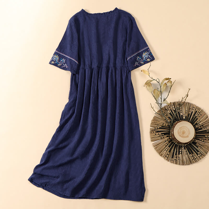 Buddha Stones Vestido midi de algodón de manga corta con cuello en V y diseño floral bordado con bolsillos para verano - image 8
