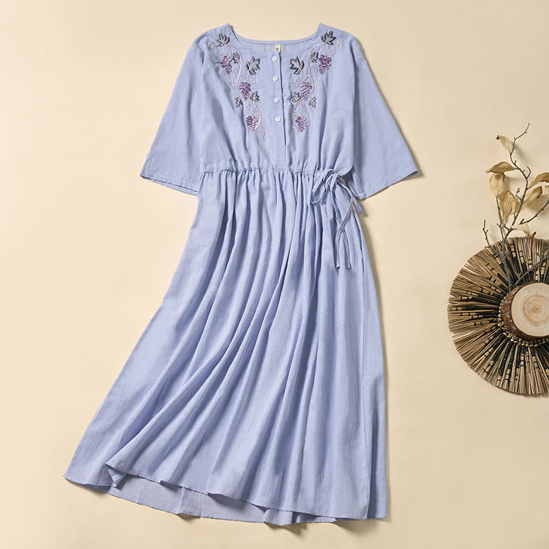 Buddha Stones Vestido midi de manga corta con bordado de vid de verano, con cordones y bolsillos - Azul claro - US8-10，UK/AU12-14，EU40-42 (2XL) - image 0