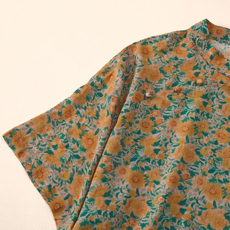 Buddha Stones Camisa de algodón para mujer con cuello alto, manga corta y estampado floral, con botones de rana de verano - image 1