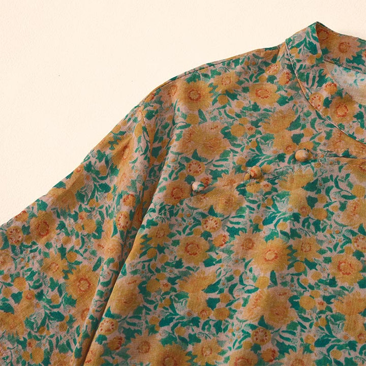 Buddha Stones Camisa de algodón para mujer con cuello alto, manga corta y estampado floral, con botones de rana de verano - image 4