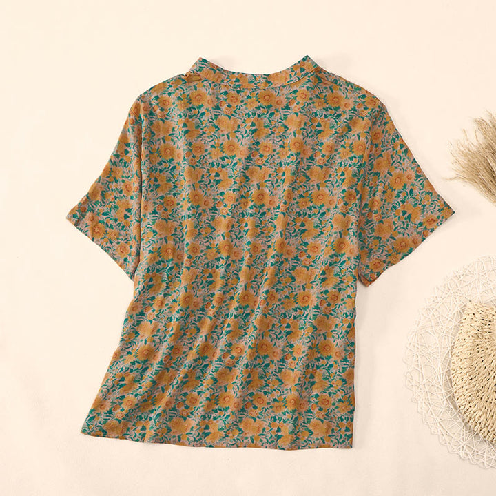 Buddha Stones Camisa de algodón para mujer con cuello alto, manga corta y estampado floral, con botones de rana de verano - image 3