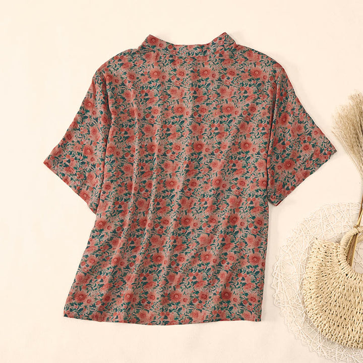 Buddha Stones Camisa de algodón para mujer con cuello alto, manga corta y estampado floral, con botones de rana de verano - image 9