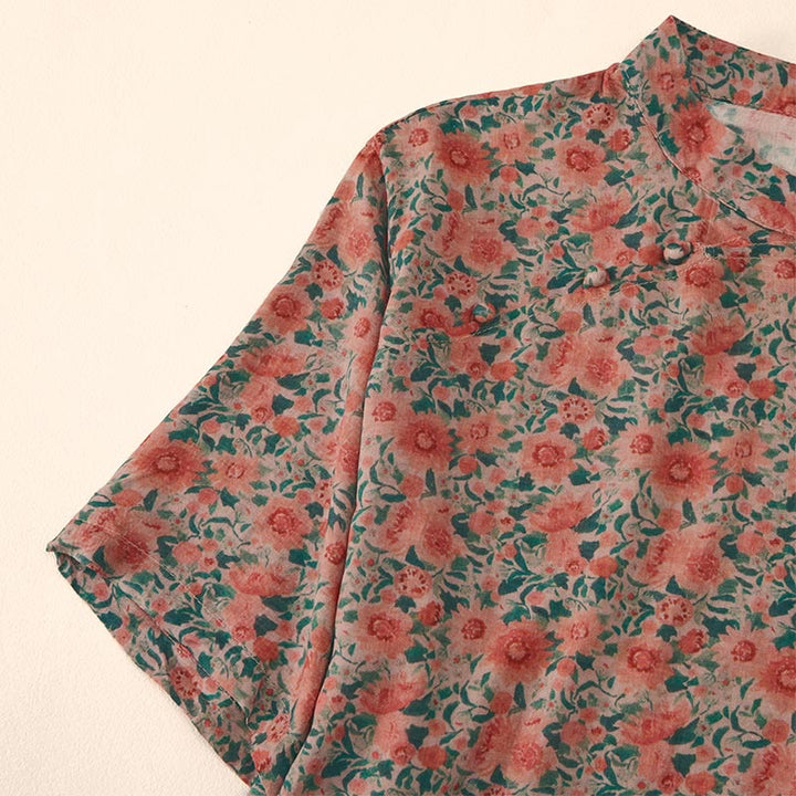Buddha Stones Camisa de algodón para mujer con cuello alto, manga corta y estampado floral, con botones de rana de verano - image 11