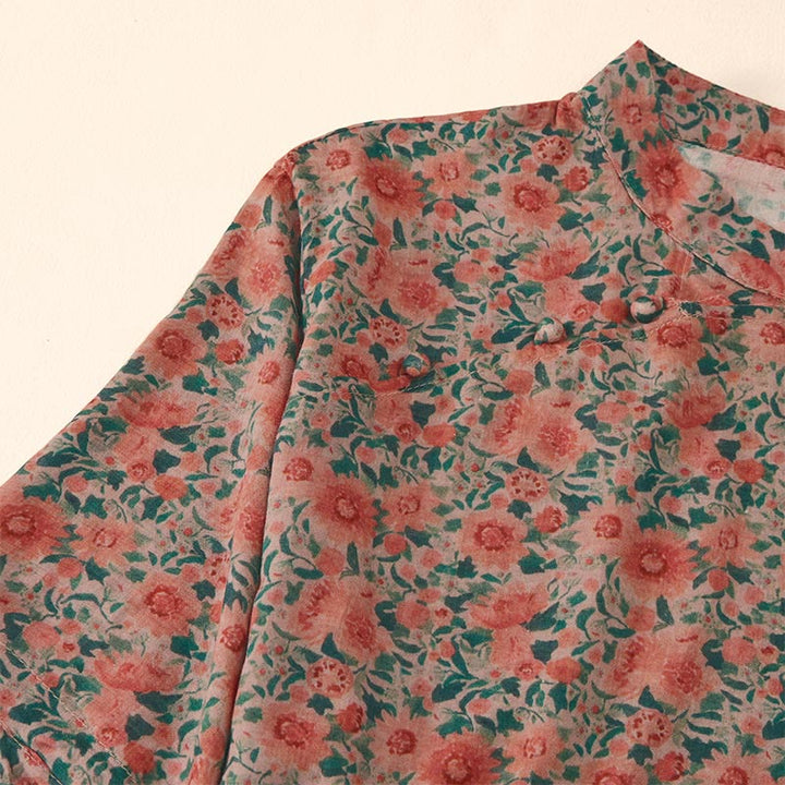 Buddha Stones Camisa de algodón para mujer con cuello alto, manga corta y estampado floral, con botones de rana de verano - image 10