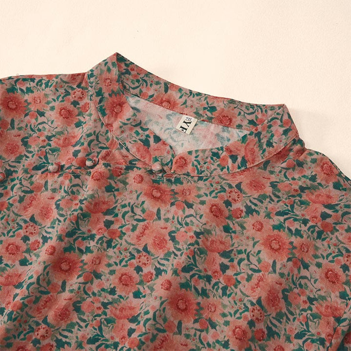 Buddha Stones Camisa de algodón para mujer con cuello alto, manga corta y estampado floral, con botones de rana de verano - image 7