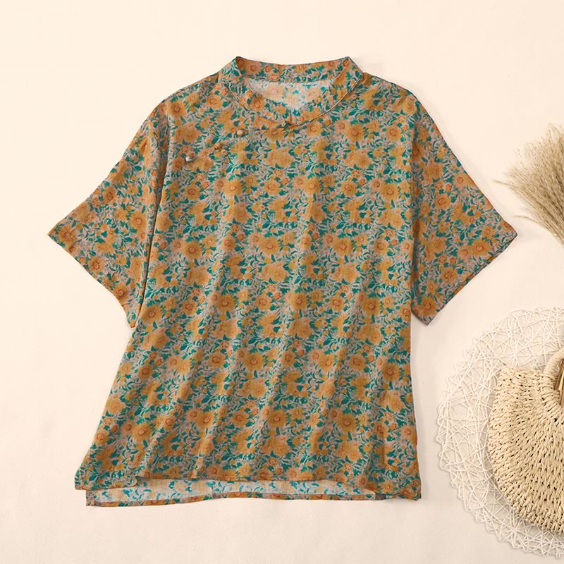Buddha Stones Camisa de algodón para mujer con cuello alto, manga corta y estampado floral, con botones de rana de verano - vara de oro - US12, UK/AU16, EU44 (2XL) - image 0