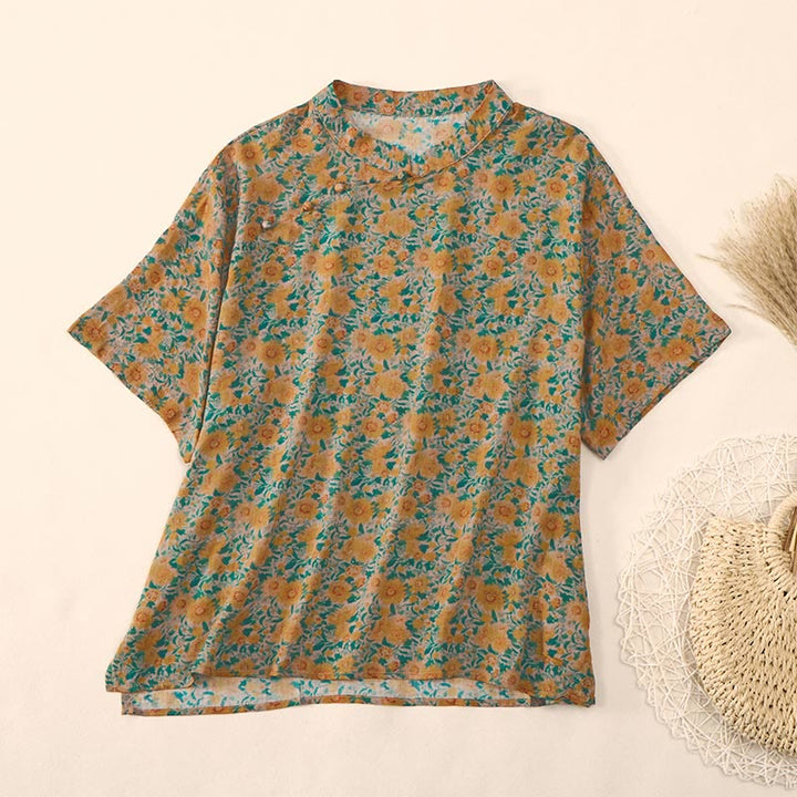 Buddha Stones Camisa de algodón para mujer con cuello alto, manga corta y estampado floral, con botones de rana de verano - vara de oro - US12, UK/AU16, EU44 (2XL) - image 0