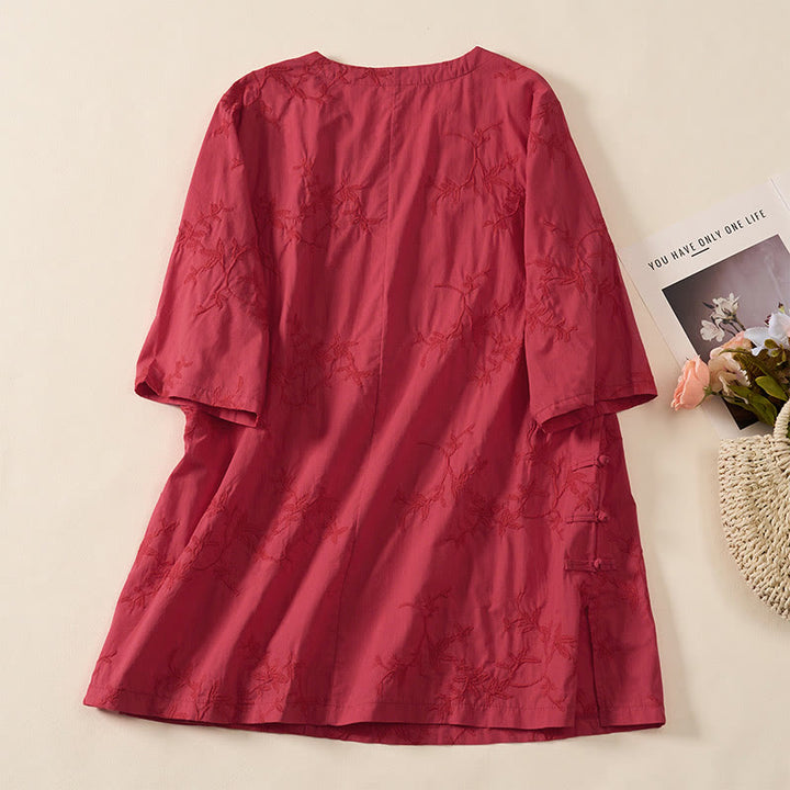Buddha Stones Camisa de algodón para mujer con cuello en V, manga larga y estampado de hojas de primavera - image 20