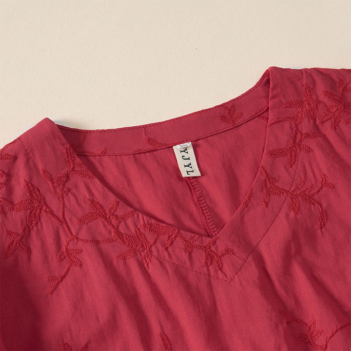 Buddha Stones Camisa de algodón para mujer con cuello en V, manga larga y estampado de hojas de primavera - image 18