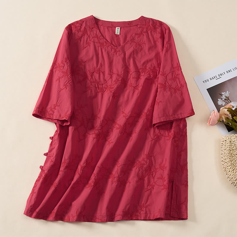 Buddha Stones Camisa de algodón para mujer con cuello en V, manga larga y estampado de hojas de primavera - Rojo - US8-10，UK/AU12-14，EU40-42 (2XL) - image 17
