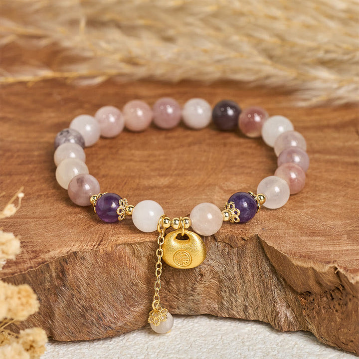 Buddha Stones Pulsera de seda dorada con diseño de conejo de jade fu que aleja los malos espíritus - Personaje de jade fu de seda dorada (circunferencia de la muñeca: 14-15 cm) - image 0