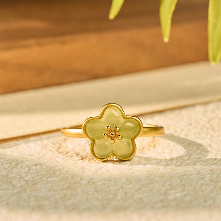 Buddha Stones Anillo de la suerte de cobre y jade hetiano con flor de ciruelo - image 2