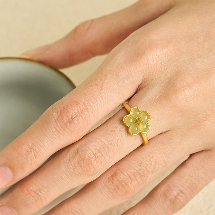 Buddha Stones Anillo de la suerte de cobre y jade hetiano con flor de ciruelo - image 4