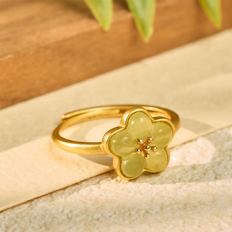 Buddha Stones Anillo de la suerte de cobre y jade hetiano con flor de ciruelo - image 1