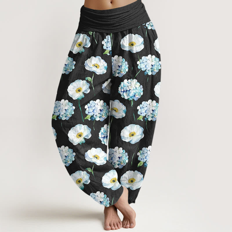 Buddha Stones Pantalones harén de algodón con cintura elástica y estampado floral para mujer - Negro - US16，UK/AU20，EU48 (3XL) - image 5
