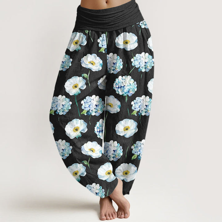 Buddha Stones Pantalones harén de algodón con cintura elástica y estampado floral para mujer - Negro - US16，UK/AU20，EU48 (3XL) - image 5