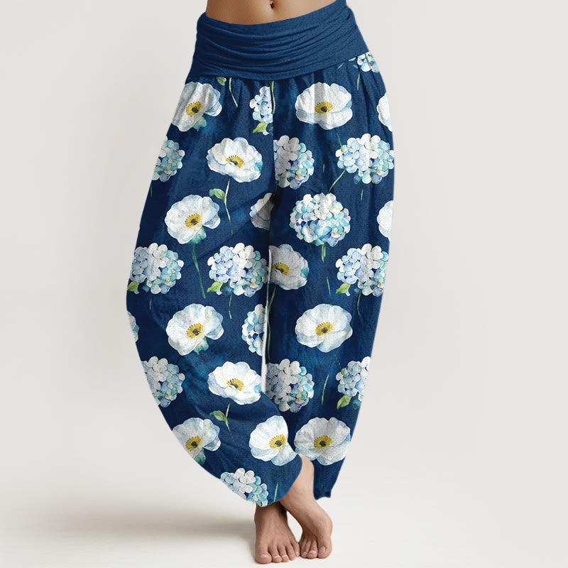 Buddha Stones Pantalones harén de algodón con cintura elástica y estampado floral para mujer - Azul oscuro - US16，UK/AU20，EU48 (3XL) - image 8
