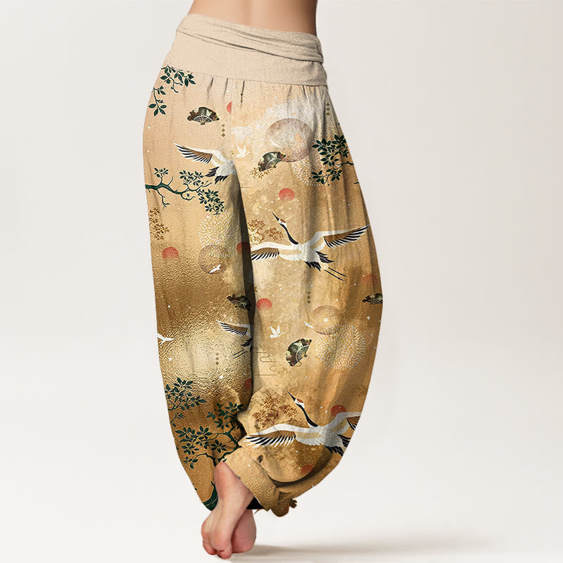 Buddha Stones Pantalones harén de algodón con cintura elástica para mujer, diseño tradicional de grulla, pino, pájaro, abanico y sol - image 1
