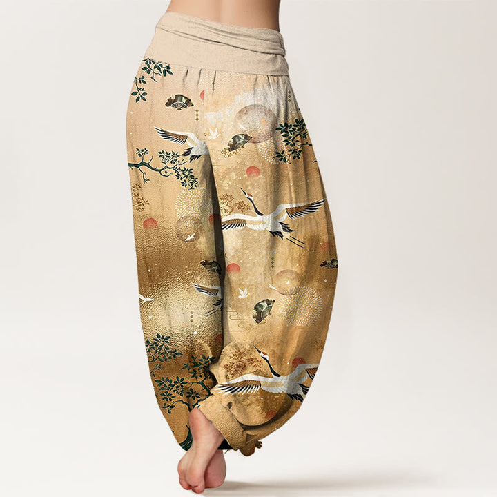 Buddha Stones Pantalones harén de algodón con cintura elástica para mujer, diseño tradicional de grulla, pino, pájaro, abanico y sol - image 1