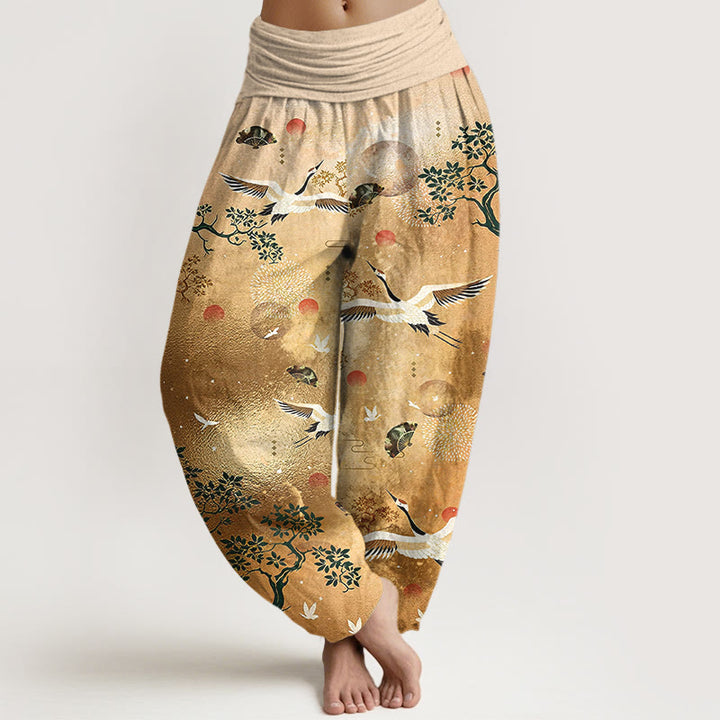 Buddha Stones Pantalones harén de algodón con cintura elástica para mujer, diseño tradicional de grulla, pino, pájaro, abanico y sol - Vara de oro - US16，UK/AU20，EU48 (3XL) - image 0
