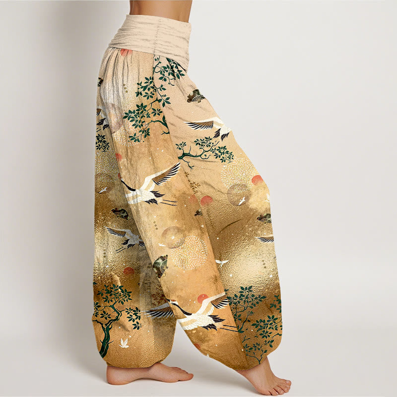 Buddha Stones Pantalones harén de algodón con cintura elástica para mujer, diseño tradicional de grulla, pino, pájaro, abanico y sol - image 2