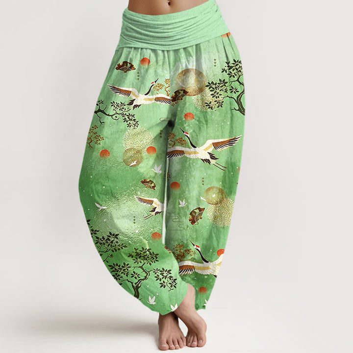 Buddha Stones Pantalones harén de algodón con cintura elástica para mujer, diseño tradicional de grulla, pino, pájaro, abanico y sol - Verde lima - US16，UK/AU20，EU48 (3XL) - image 5