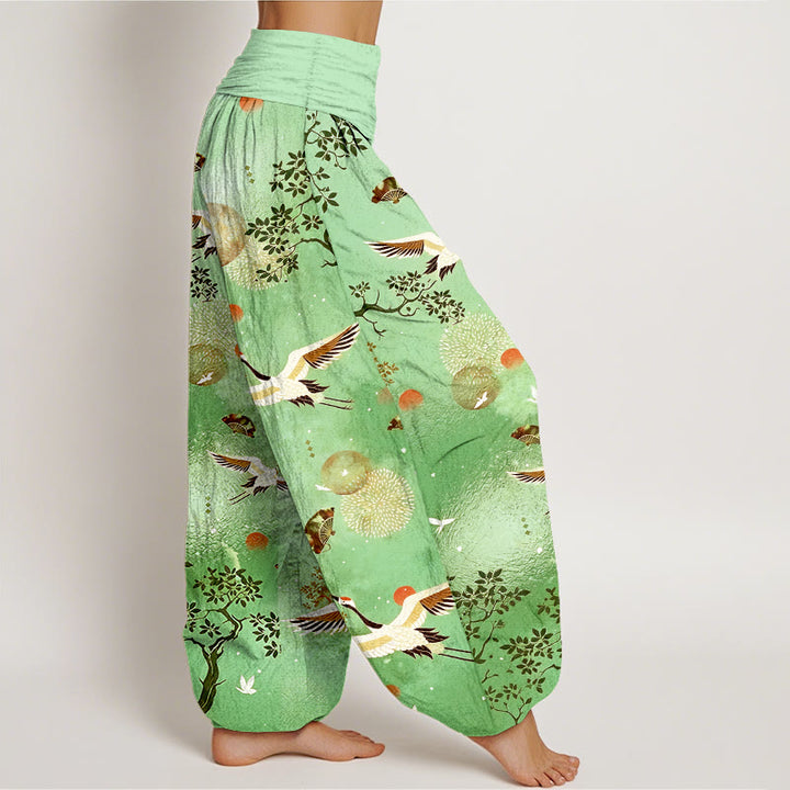Buddha Stones Pantalones harén de algodón con cintura elástica para mujer, diseño tradicional de grulla, pino, pájaro, abanico y sol - image 7