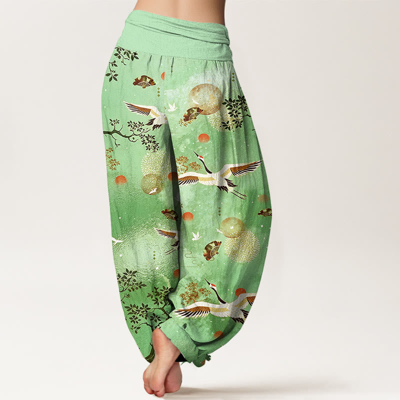 Buddha Stones Pantalones harén de algodón con cintura elástica para mujer, diseño tradicional de grulla, pino, pájaro, abanico y sol - image 6
